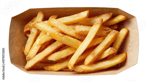 Golden, crispy fried potato strips served in a simple, recycled paper tray