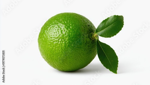 Fresh green lime with two leaves on a white background