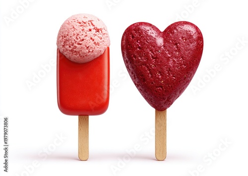 Two frozen treats on sticks, one a pink scoop on red bar, the other a red heart shape