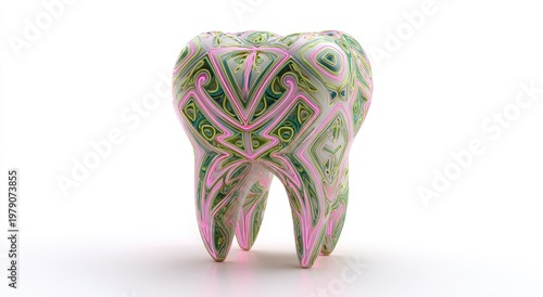 Intricate, glowing geometric patterns adorn a stylized, white molar