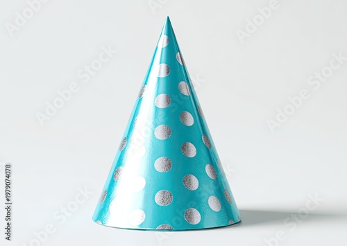 Bright teal party hat with silver polka dots on a white background