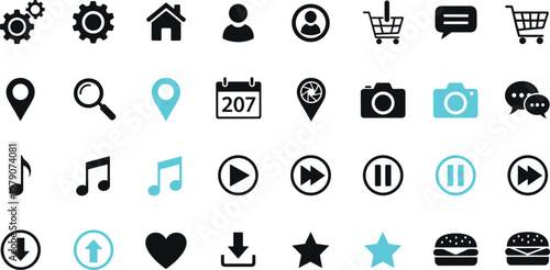 User interface and multimedia icon set featuring navigation media shopping location symbols in modern flat vector style for apps