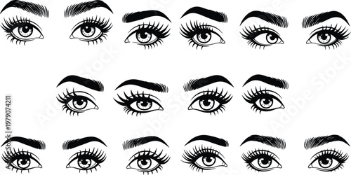 Female eyes and eyebrows set with different styles lashes makeup beauty fashion vector illustration collection elegant line art design