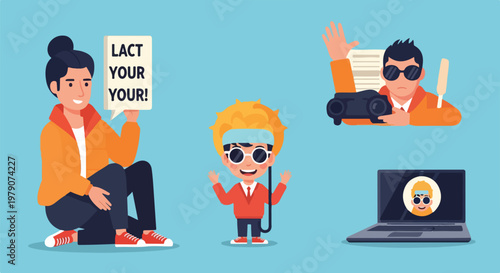 Cartoon characters with laptops and sign.