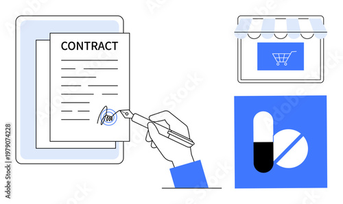 Business agreements, online shopping, digital healthcare, technology integration, e-commerce, secure transactions. A hand signing a contract, a storefront icon and a pill icon. Business agreements