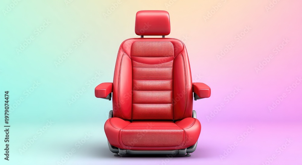 Fototapeta premium A red leather car seat with integrated headrest and armrests