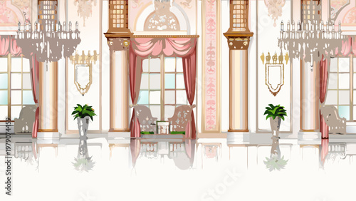 An ornate palace interior featuring pink drapes chandeliers and marble floors