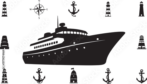 Nautical Voyage Cruise Ship Silhouette with Anchors and Lighthouses