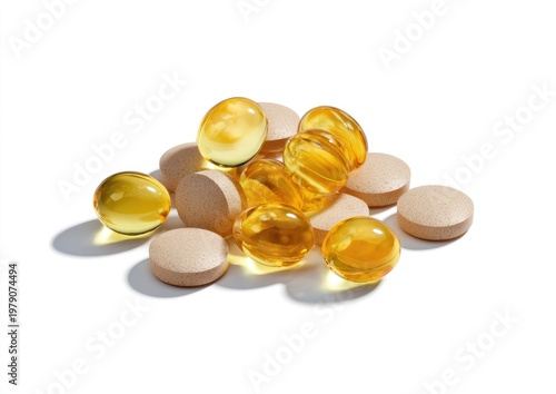 Pile of translucent gel capsules and beige oval tablets on white background