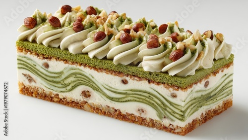 Slice of layered dessert with green swirls, cream frosting, and nuts