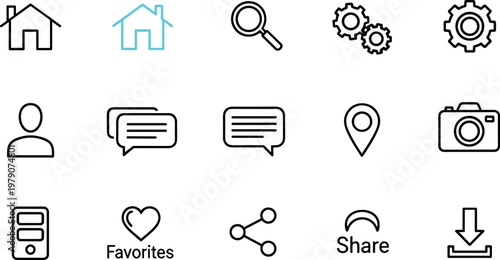 User interface and app navigation icon set featuring home search share download profile symbols in modern outline vector style