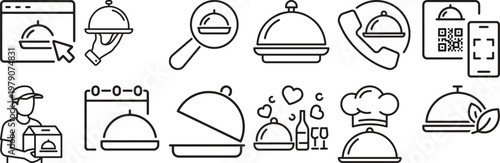 Collection of food delivery and restaurant service featuring cloche and catering symbols