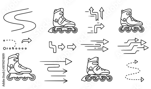 set of animals Inline Skates Line Icon Vector Set with Rollerblading Path and Direction Symbols