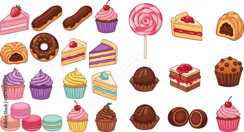 Bakery sweets collection with cakes cupcakes macarons donuts and pastries colorful dessert vector illustration set isolated on white background