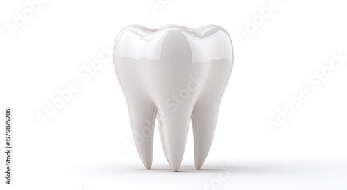 A perfectly formed, glossy white molar tooth stands in stark isolation against a clean white background