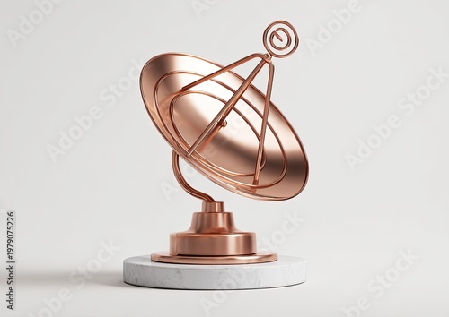 Polished copper satellite dish on marble pedestal, minimalist, abstract, modern