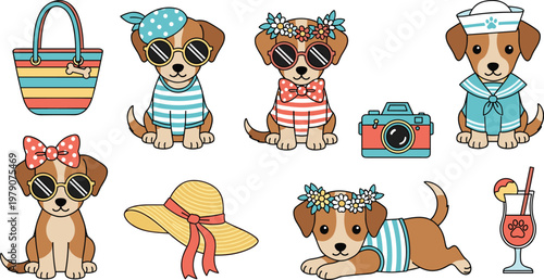 Cute Dog Summer Vacation Illustration Set with Beach Outfits, Accessories, Camera, Drink and Travel Elements Cartoon Puppy Collection for Kids Design