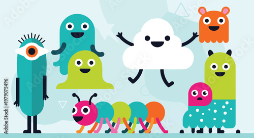 Colorful Cartoon Characters with Funny Faces.