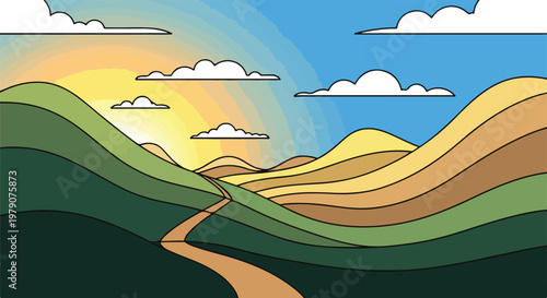 Cartoon hills with a pathway.