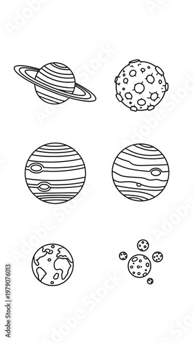 A collection of simple black and white line art illustrations depicting various celestial bodies including Saturn, Earth, gas giants, a cratered moon, and asteroids.