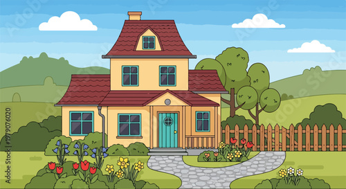 Cartoon House with Red Roof and Garden 1.
