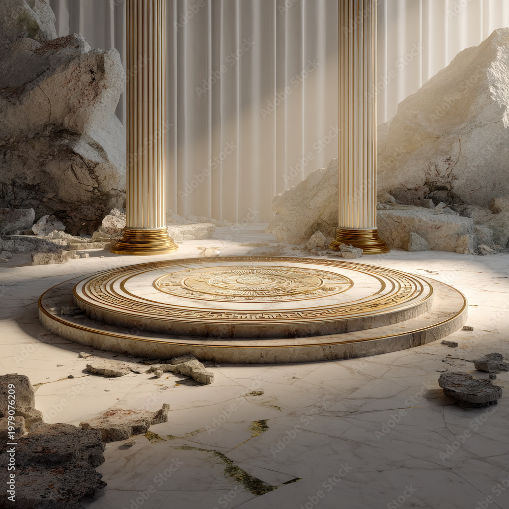 Fototapeta premium Circular marble podium centerpiece in ruined hall with columns