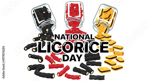 Overhead shot for National Licorice Day featuring black, red, and yellow licorice candy spilling from glass jars against a white backdrop, creating a sweet, colorful confectionery