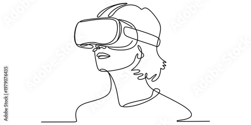 A continuous line drawing of a person experiencing a virtual reality headset in a modern style