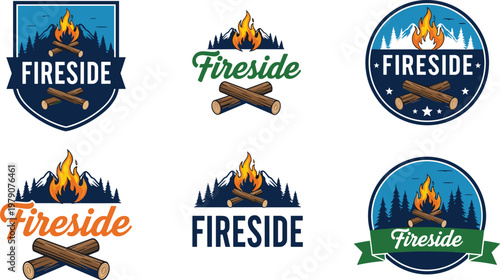 Fireside camping logo set with campfire wood logs forest badges outdoor adventure branding vector illustration collection design elements
