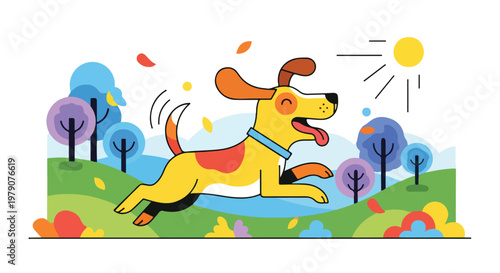 Happy dog running in a colorful outdoor scene with trees