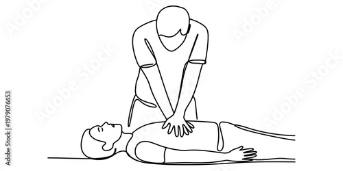 A simple black and white line drawing of a person performing cpr on an unconscious patient lying down