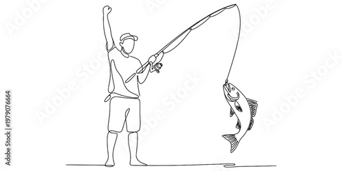 A single continuous line drawing of a happy fisherman celebrating his successful catch of a fish