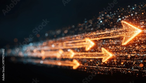 Glowing orange arrows composed of sparkling particles move dynamically against a dark background, symbolizing speed, progress, and direction.