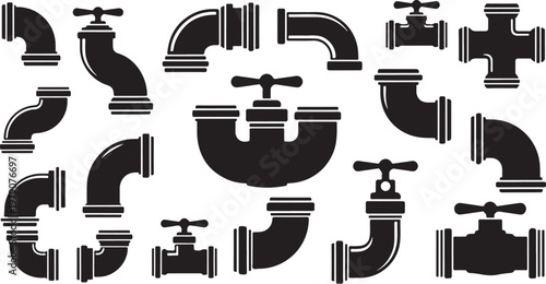 Black and white illustration of various pipe fittings and valves