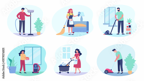 Diverse people performing various household chores in colorful flat illustrations