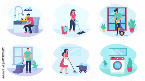 Illustrations depicting various household chores and cleaning activities indoors