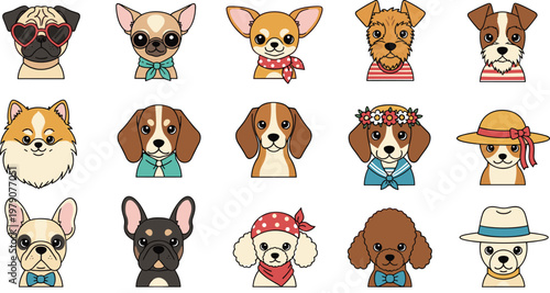 Cute Dog Character Illustration Set with Different Breeds Wearing Accessories, Cartoon Puppy Faces Collection for Pets Design, Stickers and Kids Creative Projects