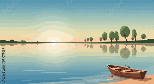 A serene lake scene at sunset with a small wooden boat on the shore
