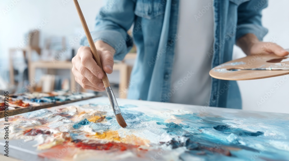 Fototapeta premium Oil Painter Blending Thick Textures on Canvas with Palette and Brush