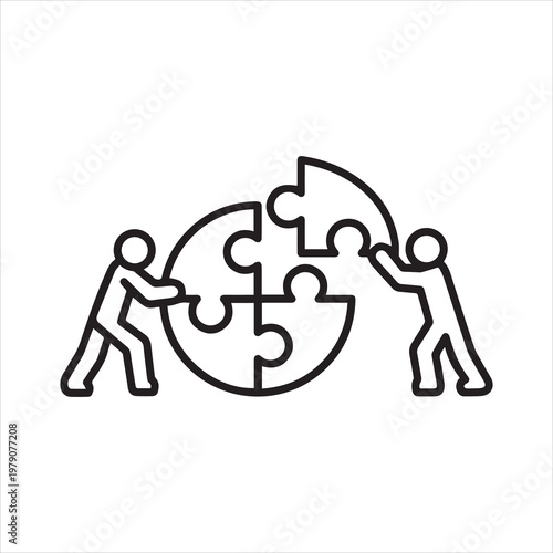 Cooperation, teamwork, linear icon. Joining forces. People putting the puzzle together. Line with editable stroke