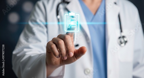 Doctor interacting with digital healthcare interface modern medicine and technology integration