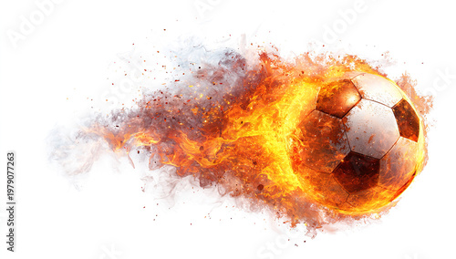 A soccer ball engulfed in vibrant flames, symbolizing speed and intense energy