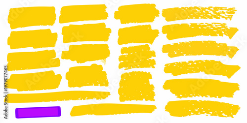 Abstract arrangement of vibrant yellow brushstrokes and a single purple shape