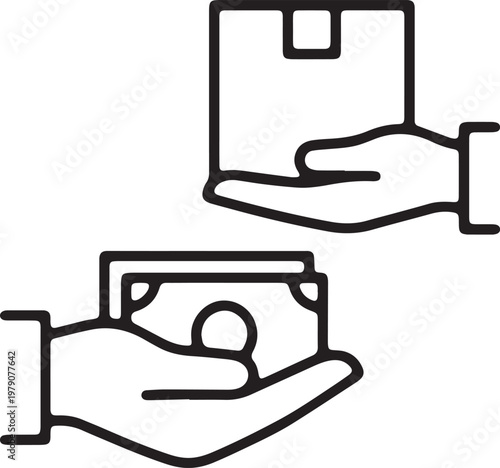 Art & Illustration, Hands exchanging delivery box and cash icon for payment.