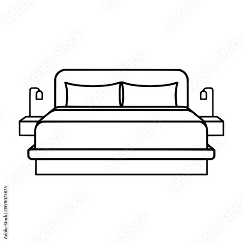Bed with Pillows and Nightstands in Minimalist Line Art