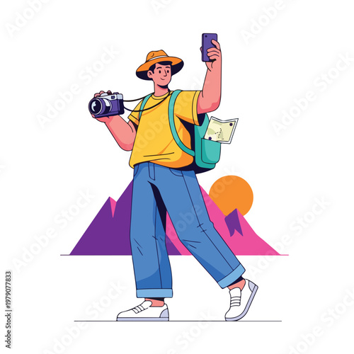 Cartoon Man Holding Camera and Phone.