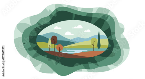 A serene landscape with a lake, trees, and mountains