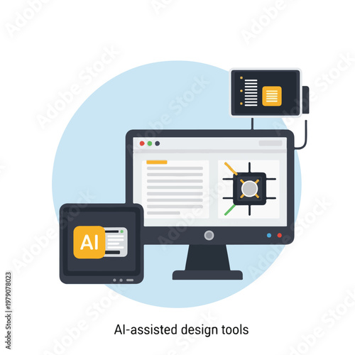 Illustration of a computer setup with AI elements for design assistance