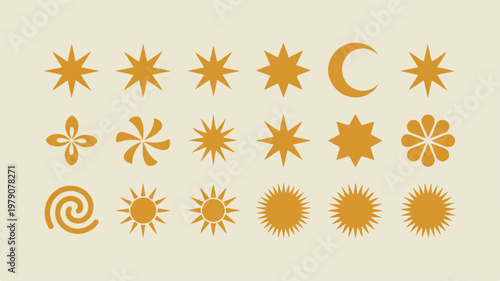 A minimalist line art illustration of celestial bodies and shapes on a beige background