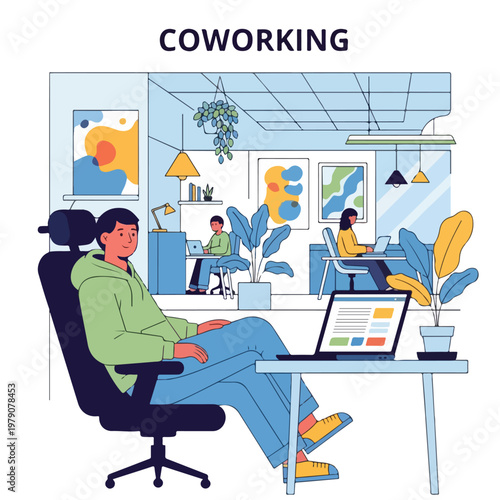 Illustration of a co-working space with people working on laptops